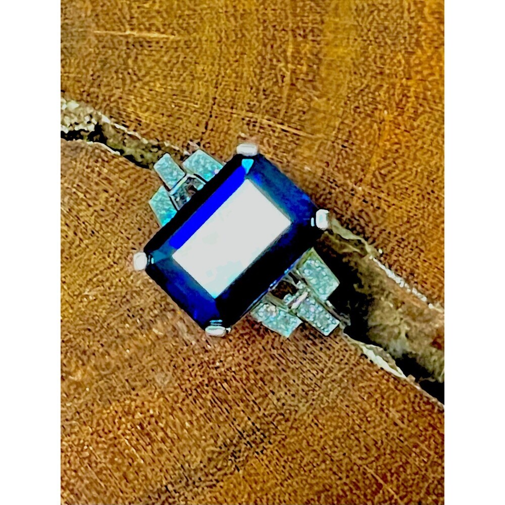 Genuine Emerald Cut Lab-Created Sapphire Set in Ring 925 Sterling Silver - Picture 4 of 13
